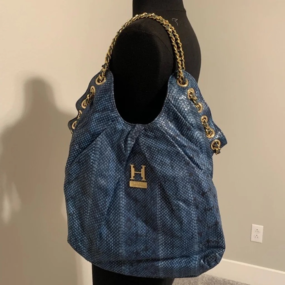 Halston Heritage blue snake skin embossed